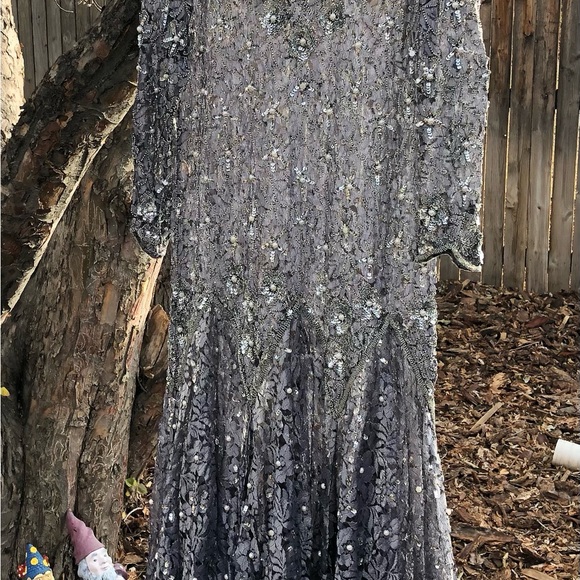 Vintage Neiman Marcus Silver Beaded Long Sleeve Drop Waist Dress Gown Medium - Picture 10 of 12